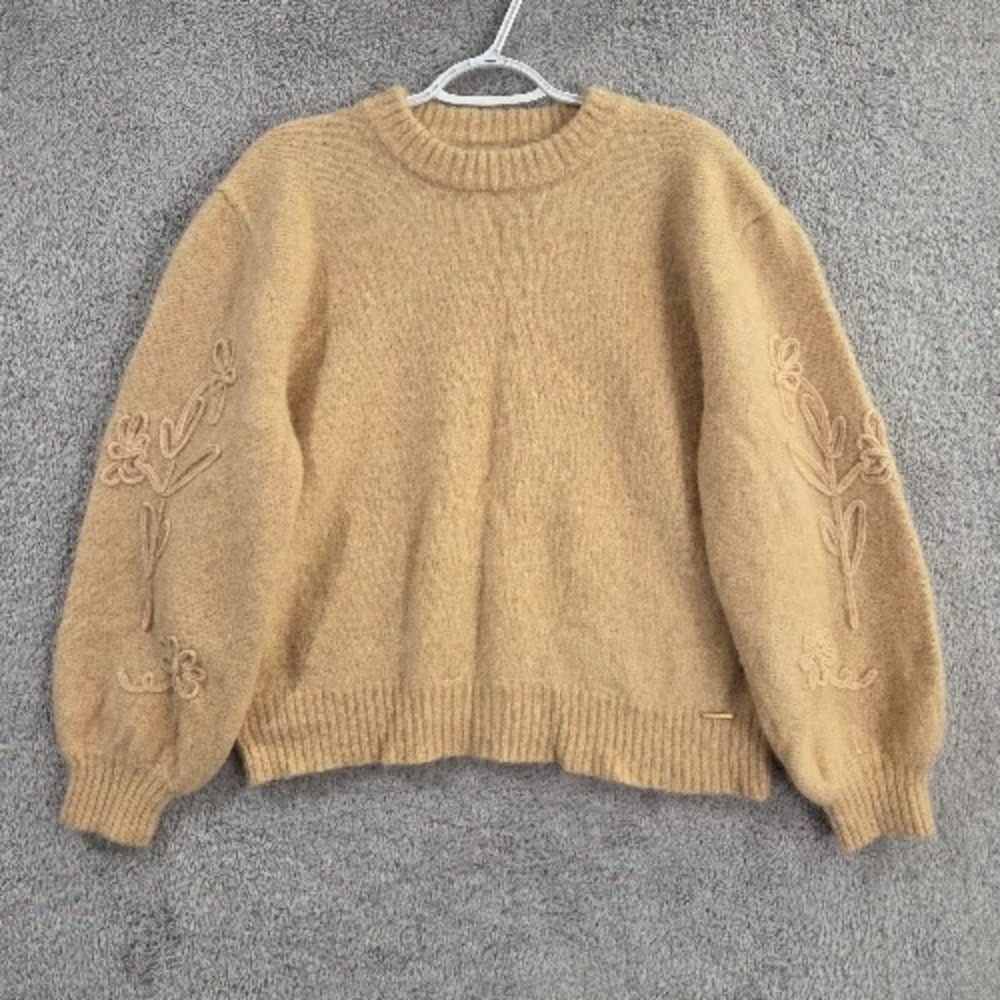 Elie Tahari Sweater Women's XL Beige Alpaca Wool Blend Embroidered Flower Sleeve
